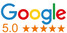Garage Door Repair Huntington Beach 7 Google logo above 5.0 in orange text, followed by five orange stars, indicating a 5-star rating for exceptional garage door repair service.